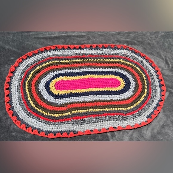 HANDMADE crochet upcycled recycled multicolor colorful bohemian mat 35" by 21" - Picture 3 of 10